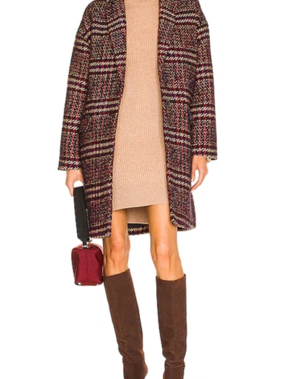 rag & bone Multicolor Plaid Wool-Blend Coat with Brown Suede Boots